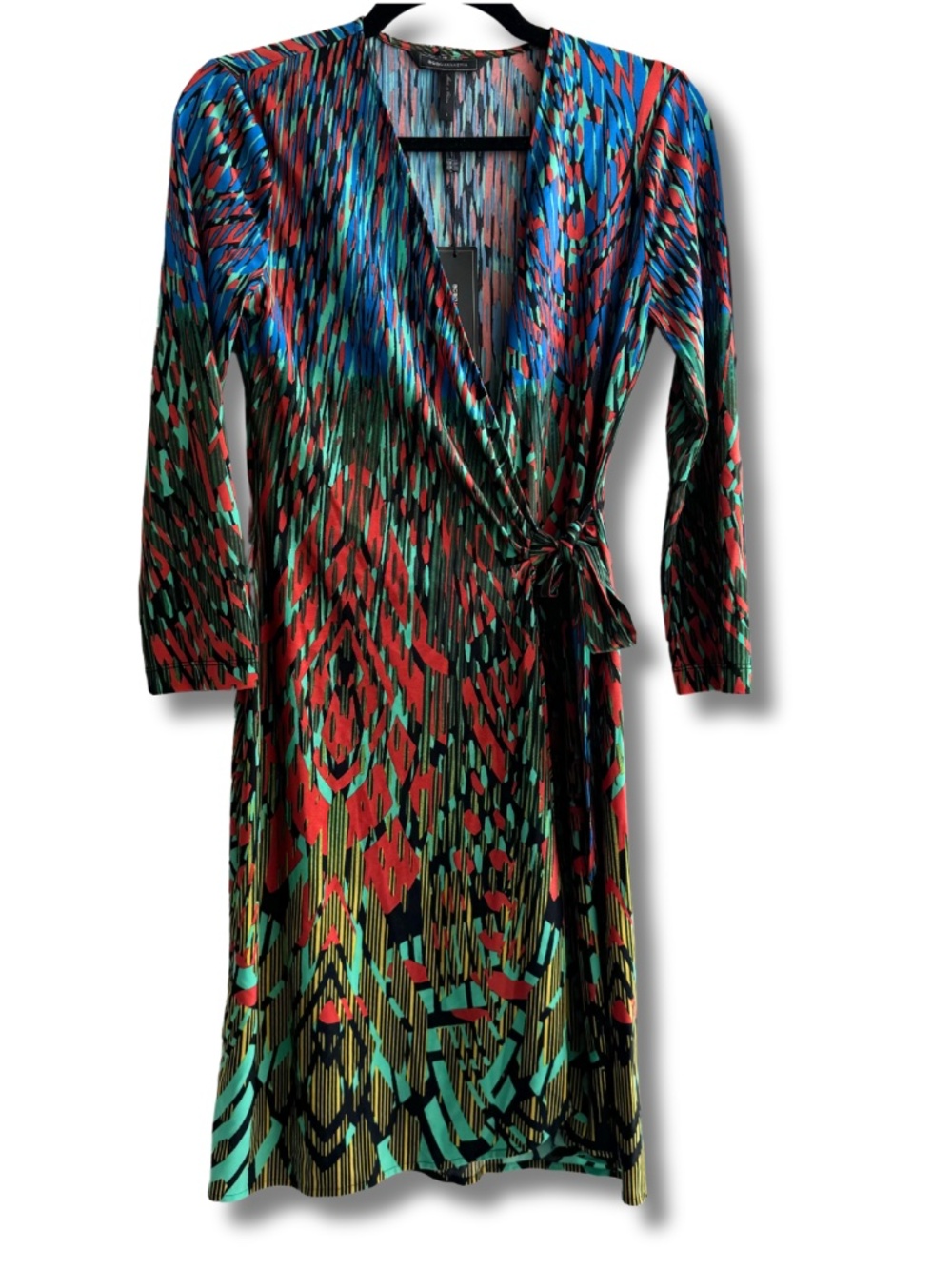 BCBGMAXAZRIA Adele Wrap Dress Small Abstract Print Tie Waist Midi Knee-Length